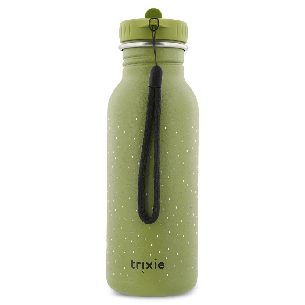 Stainless Steel Bottle 500 ml - Mr Dino: A green water bottle with a black strap, stainless steel body, leak-proof cap, and kid-friendly design. Durable, eco-friendly, and easy to clean. Dimensions: 20 cm x 6.5 cm.