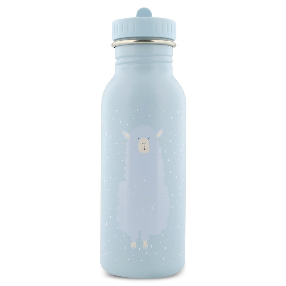 Stainless Steel Bottle 500 ml featuring Mr Alpaca design, ideal for kids on-the-go. Durable, leak-proof, stainless steel construction with easy-to-open cap and convenient carrying loop. Dimensions: 20 cm x 6.5 cm.