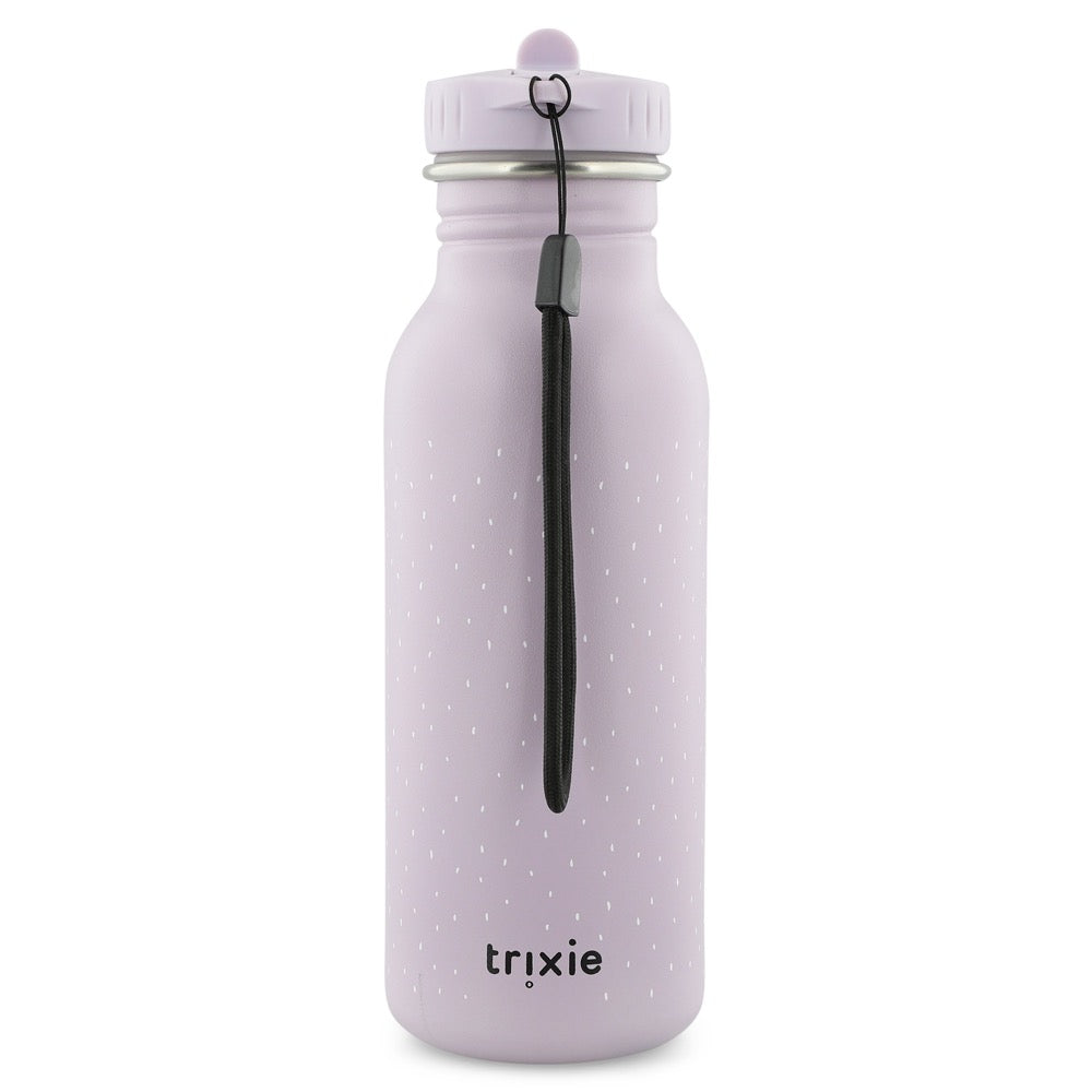 Stainless Steel Bottle 500 ml - Mrs Mouse: Durable water bottle with a black cord, zipper lid, and pole detail. Made of stainless steel, leak-proof, and kid-friendly design. Dimensions: 20 cm x 6.5 cm.