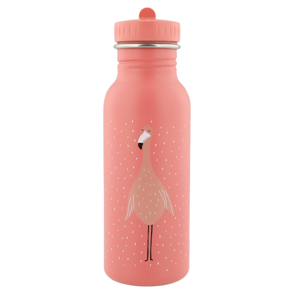 Stainless Steel Bottle 500 ml featuring Mrs Flamingo design, with a bird illustration on a pink bottle, stainless steel material, leak-proof cap, and kid-friendly handle. Dimensions: 20 cm x 6.5 cm.