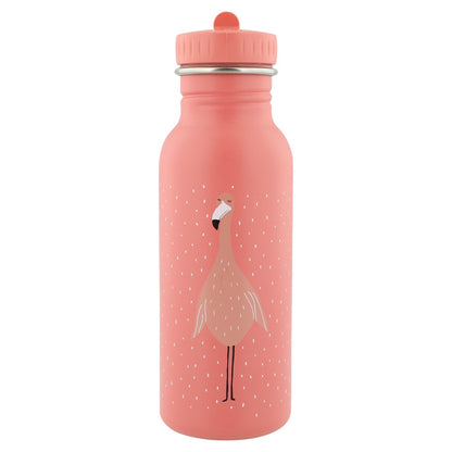 Stainless Steel Bottle 500 ml featuring Mrs Flamingo design, with a bird illustration on a pink bottle, stainless steel material, leak-proof cap, and kid-friendly handle. Dimensions: 20 cm x 6.5 cm.