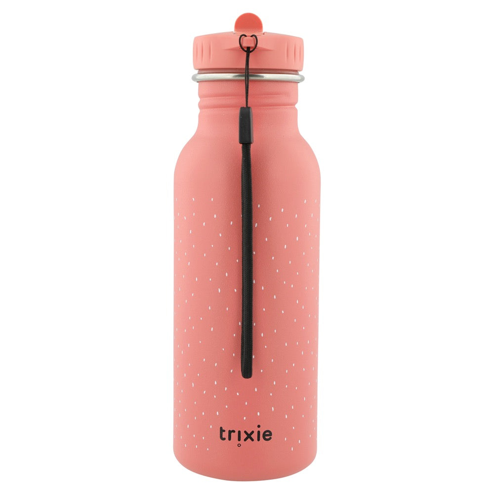 Stainless Steel Bottle 500 ml - Mrs Flamingo: A pink water bottle with a black cord, perfect for kids on-the-go. Durable stainless steel, leak-proof, easy to clean, and designed for little hands.