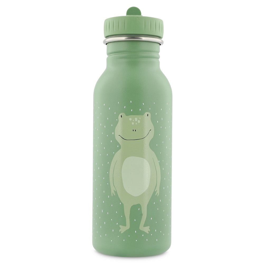 Stainless Steel Bottle 500 ml featuring Mr. Frog design, with leak-proof lid and kid-friendly handle. Durable, eco-friendly alternative to plastic bottles, perfect for kids on the go. Dimensions: 20 cm x 6.5 cm.