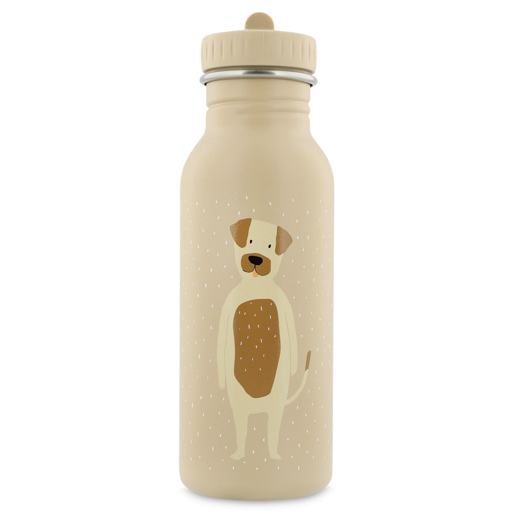 Stainless Steel Bottle 500 ml featuring Mr Dog design, with a kid-friendly cap and loop for easy carrying. Durable, leak-proof, and eco-friendly alternative to plastic bottles. Dimensions: 20 cm x 6.5 cm.