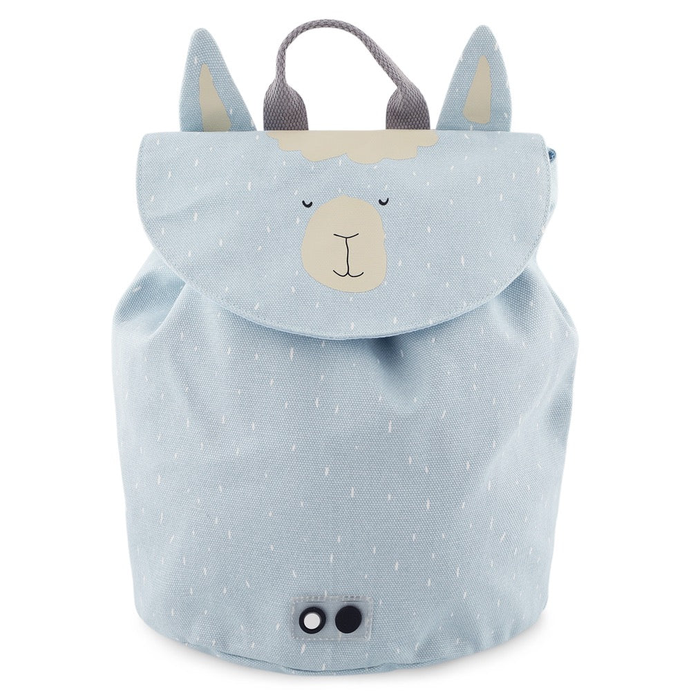 Mini Drawstring Backpack featuring Mr Alpaca design, ideal for kids' adventures. Water-repellent, machine washable, 100% cotton material. Dimensions: 30 x 23 cm, 5 l capacity. Age recommendation: 3 years +.