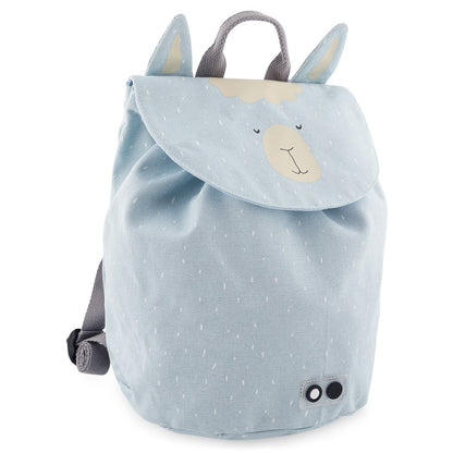 Mini Drawstring Backpack featuring Mr Alpaca design, ideal for kids' adventures. Water-repellent, washable, 100% cotton material. Dimensions: 30 x 23 cm, 5L capacity. Suitable for ages 3+.