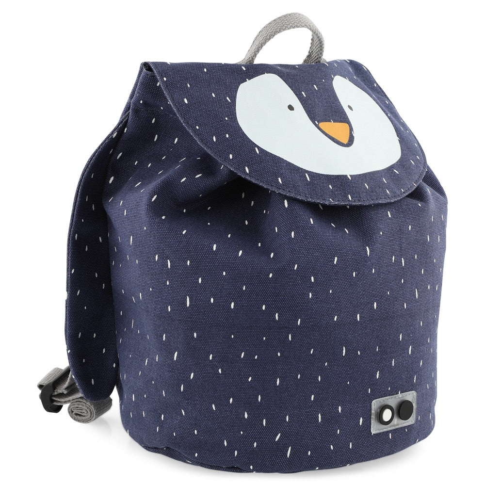 A light blue mini drawstring backpack featuring Mr. Penguin face design. Water repellent, 100% cotton material, perfect for kids' adventures. Dimensions: 30 x 23 cm, 5 l capacity.