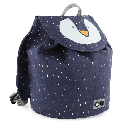 A light blue mini drawstring backpack featuring Mr. Penguin face design. Water repellent, 100% cotton material, perfect for kids' adventures. Dimensions: 30 x 23 cm, 5 l capacity.