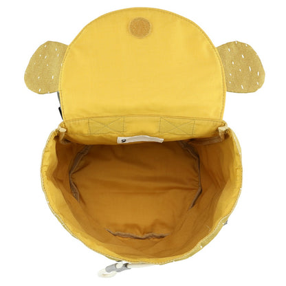 Mini Drawstring Backpack featuring Mr Koala, a yellow bag with a bear face, ears, and a button. Roomy and water-repellent, perfect for kids' adventures. Dimensions: 30 x 23 cm.