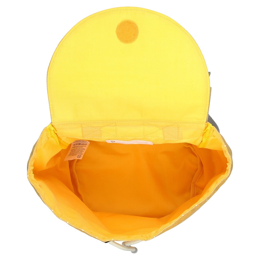 Mini Drawstring Backpack - Mr Lion, a yellow bag with a button and circle, featuring a label and water repellent coating. Ideal for kids' adventures, with drawstring closure and machine washable design.