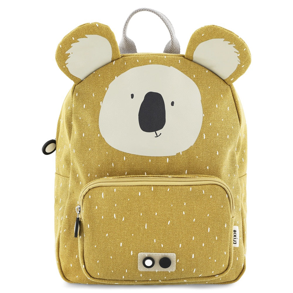 A child's backpack featuring Mr. Koala design, with adjustable straps, chest strap, big compartment, front pocket, and water-repellent coating. Ideal for ages 3+. Dimensions: 31 x 23 x 10 cm.