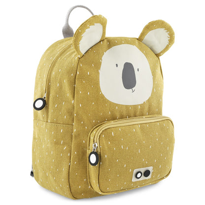 A backpack featuring Mr. Koala design, ideal for kids' adventures. Adjustable padded straps, chest strap, water-repellent cotton material, 7.5L capacity, and practical compartments for snacks.