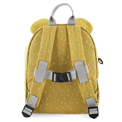 A yellow backpack featuring white and grey bear ears, adjustable padded straps, chest strap, big compartment, front pocket, and water repellent coating. Ideal for kids' adventures.