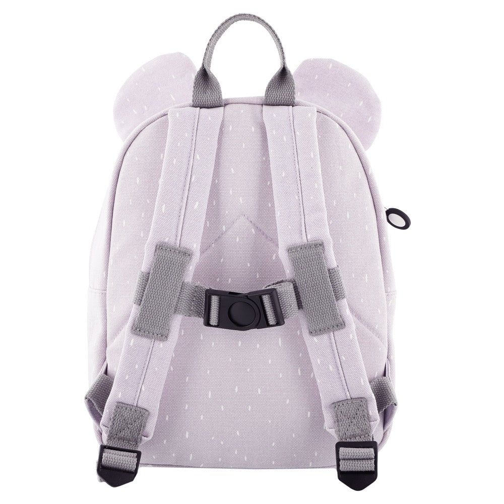 A backpack featuring Mrs Mouse design, with adjustable straps, chest strap, spacious compartment, front pocket, and water-repellent coating. Ideal for kids' adventures. Dimensions: 31 x 23 x 10 cm.