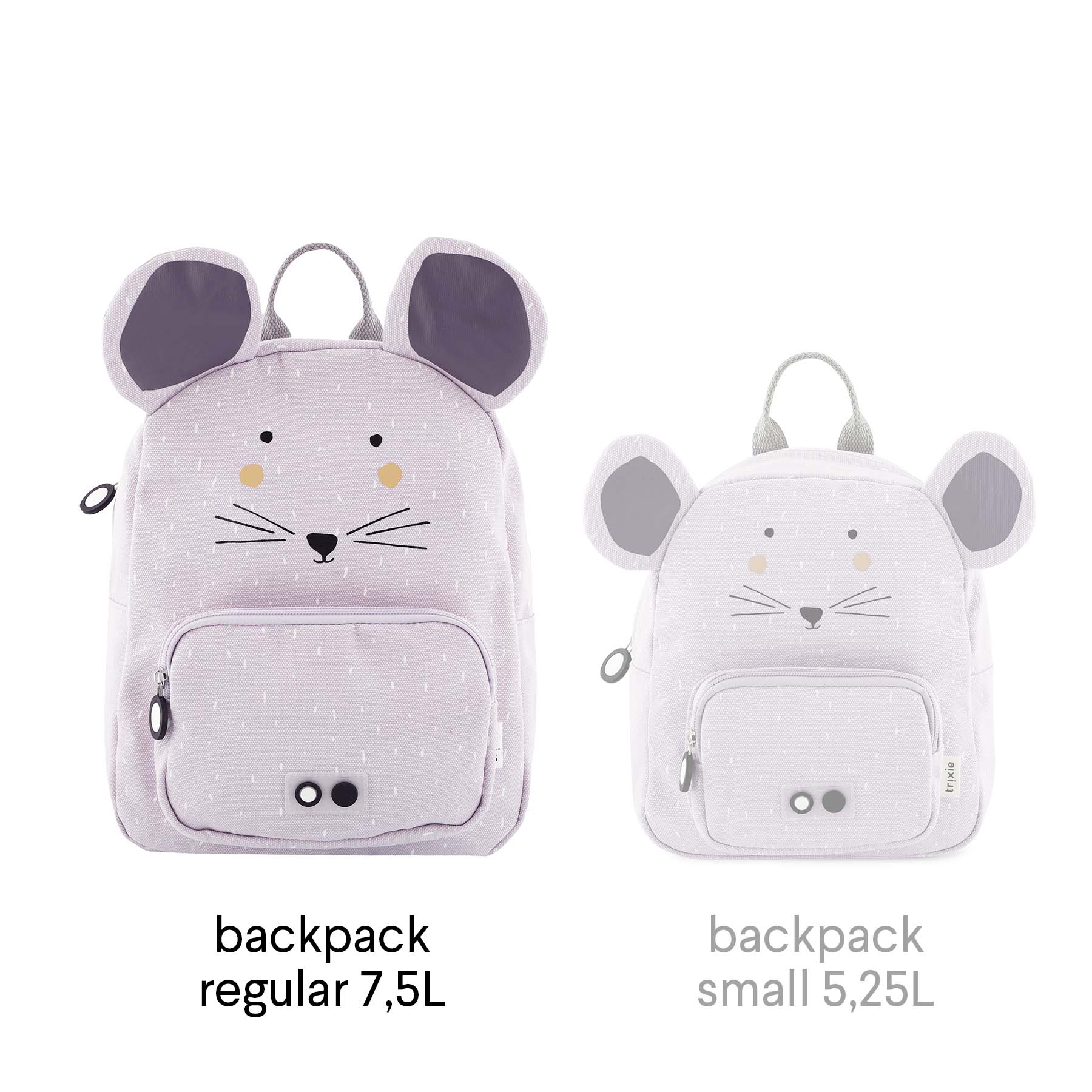 A backpack featuring Mrs. Mouse design, with adjustable straps, chest strap, water repellent coating, big compartment, front pocket, and name tag. Ideal for ages 3+. Dimensions: 31 x 23 x 10 cm.