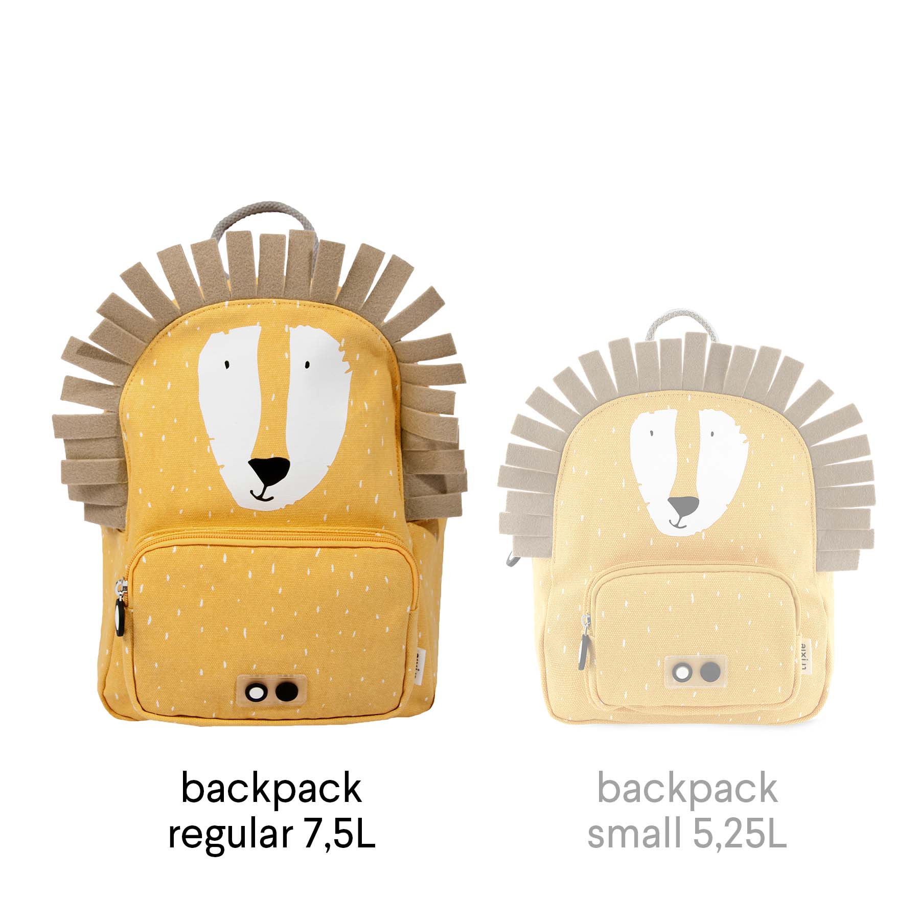 A yellow backpack featuring a lion face design, ideal for kids' adventures. Adjustable padded straps, chest strap, water-repellent cotton material, and practical compartments. Product title: Backpack - Mr Lion.