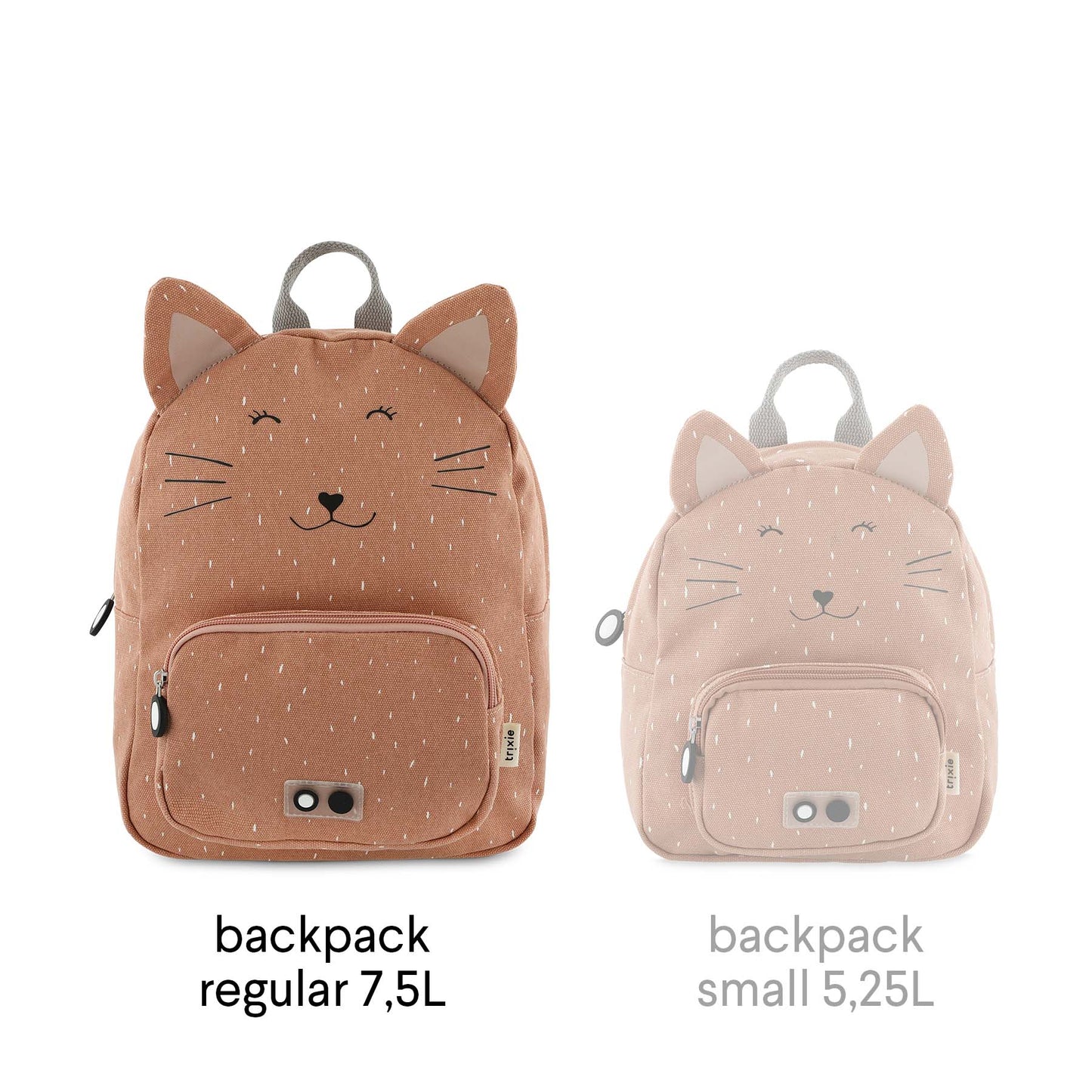 A backpack featuring Mrs. Cat face design, ideal for kids' adventures. Water-repellent, adjustable straps, chest strap, spacious compartments, and name tag for added convenience. Dimensions: 31 x 23 x 10 cm.