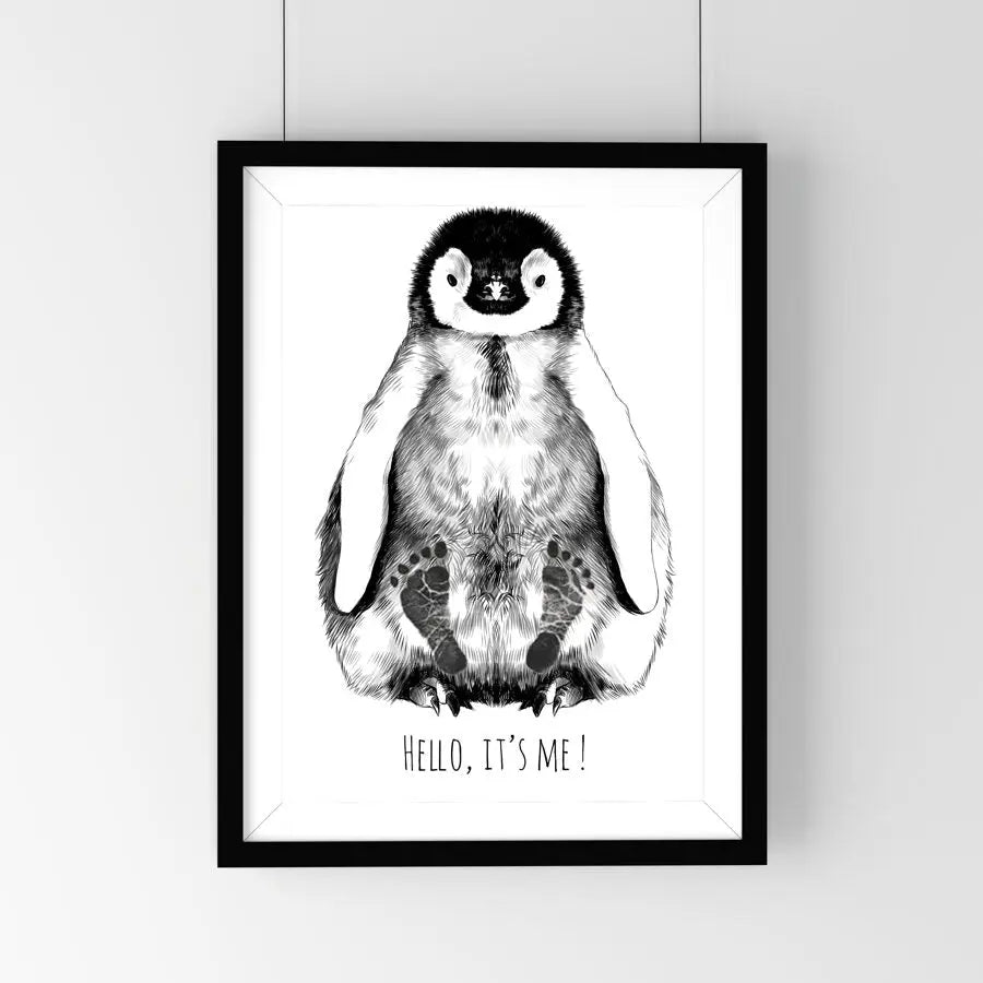 Hand-drawn baby penguin footprint kit with A4 drawings, black frame, and inkpad. Perfect for capturing tiny feet. Ideal gift for baby showers or birthdays.