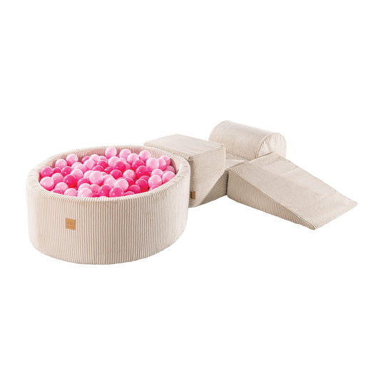 Playset with Ball Pit - Ecru & Pink, featuring a dry pool filled with pink balls, ideal for imaginative play and exercises, with removable, washable covers.