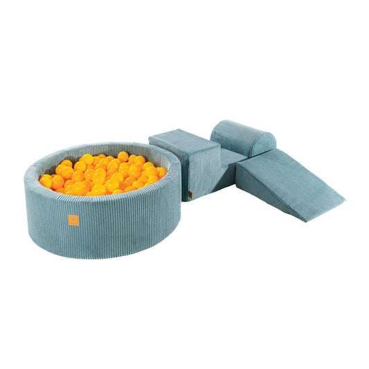 Playset with Ball Pit - Turquoise & Yellow: A modular playset featuring a ball pit filled with yellow balls, designed for imaginative and creative play for young children.