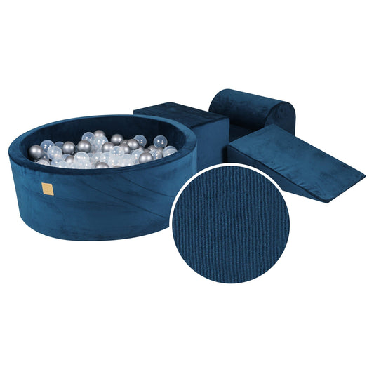 Playset with Ball Pit and 3 Elements - Blue Marine featuring a round blue pool filled with transparent and silver balls, designed for children's imaginative play and exercise.