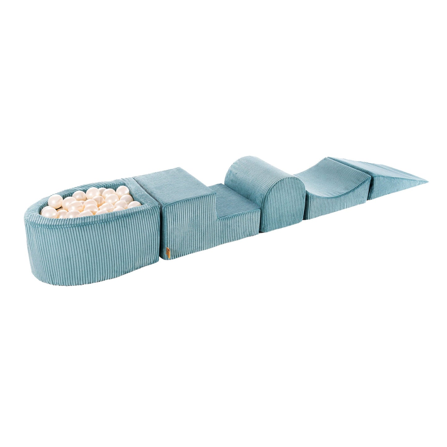 Playset with Small Ball Pit - Turquoise & White Pearl featuring a blue striped couch-like structure and mini-pool filled with white balls for children's play.