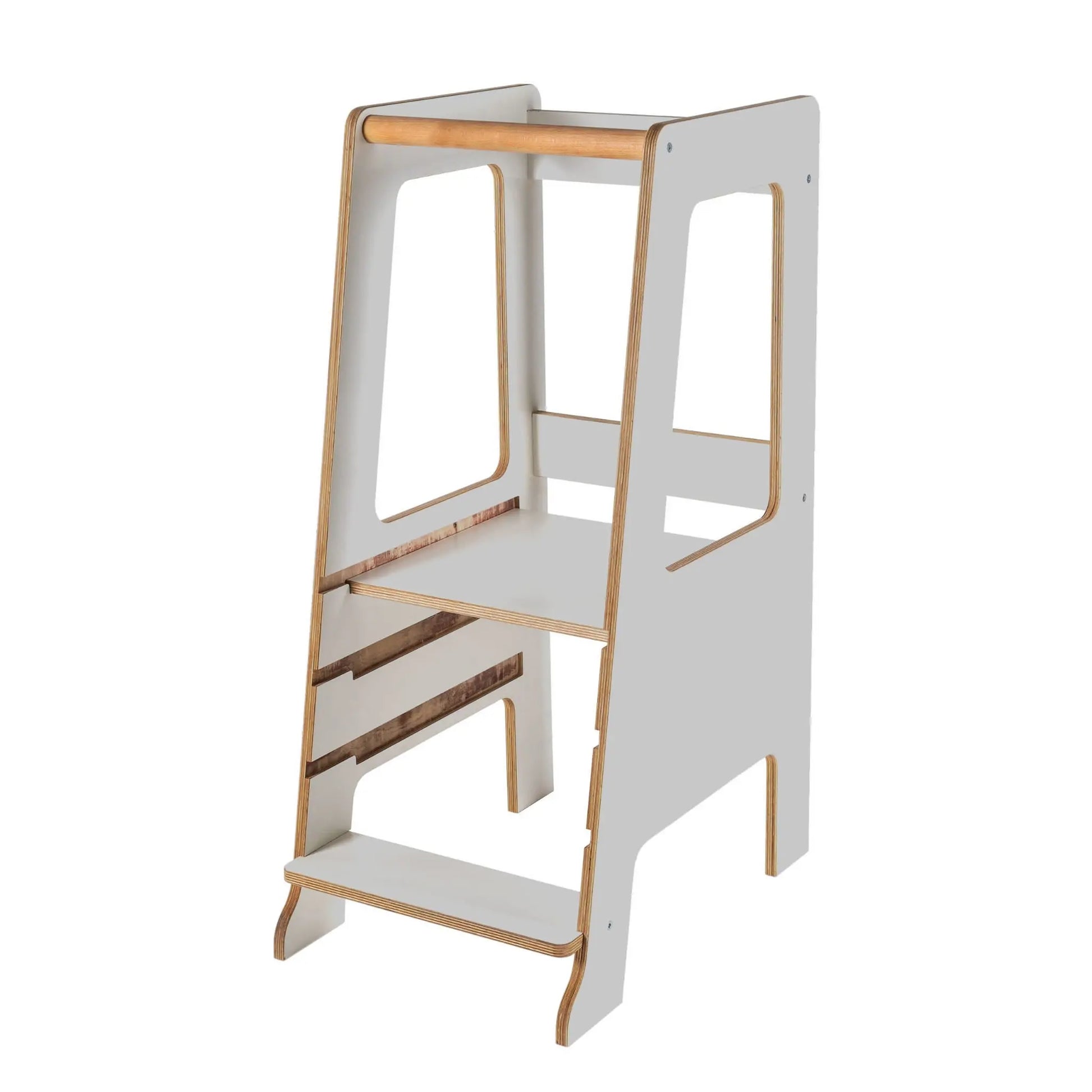 A white and brown ladder with adjustable platform heights, made of birch plywood with melamine coating. Enhance kitchen safety for kids with the Plywood Kitchen Helper Scandi.