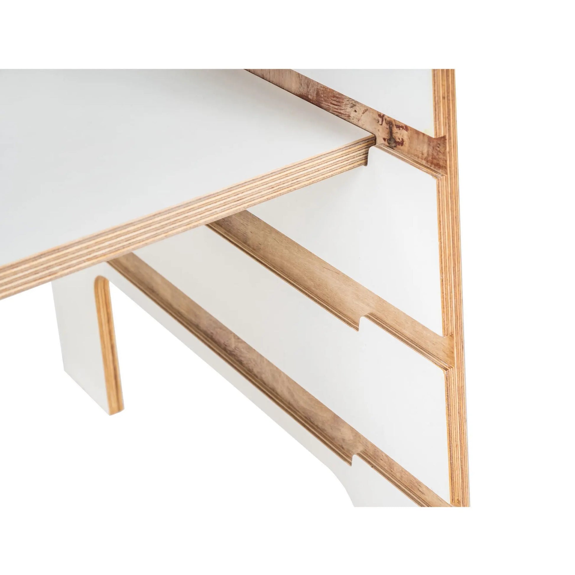 A birch plywood kitchen helper with adjustable platform heights, featuring Scandinavian minimalism with white smooth sides and visible wooden edges. Dimensions: 90 cm height, 39 cm width, 52 cm depth.