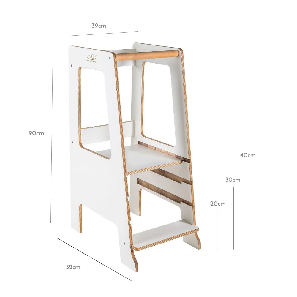 A white and brown ladder with adjustable platform heights, made of birch plywood with melamine coating. MeowBaby® Kitchen Helper Scandi promotes child safety and independence in the kitchen.