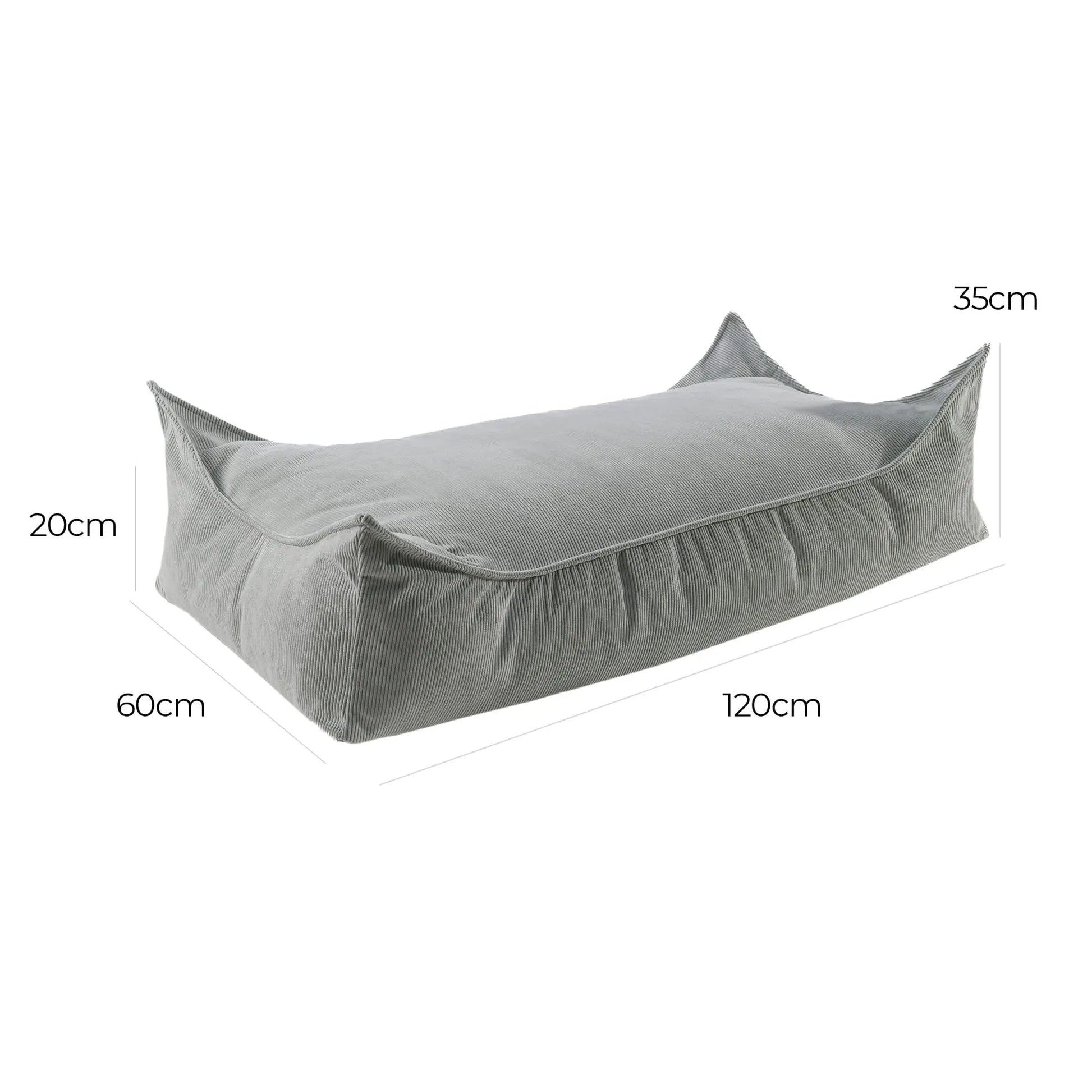 A grey corduroy rectangular pouffe for children, featuring a spacious design with dimensions of 120x60x35 cm, ideal for play and relaxation. Washable cover for easy maintenance.