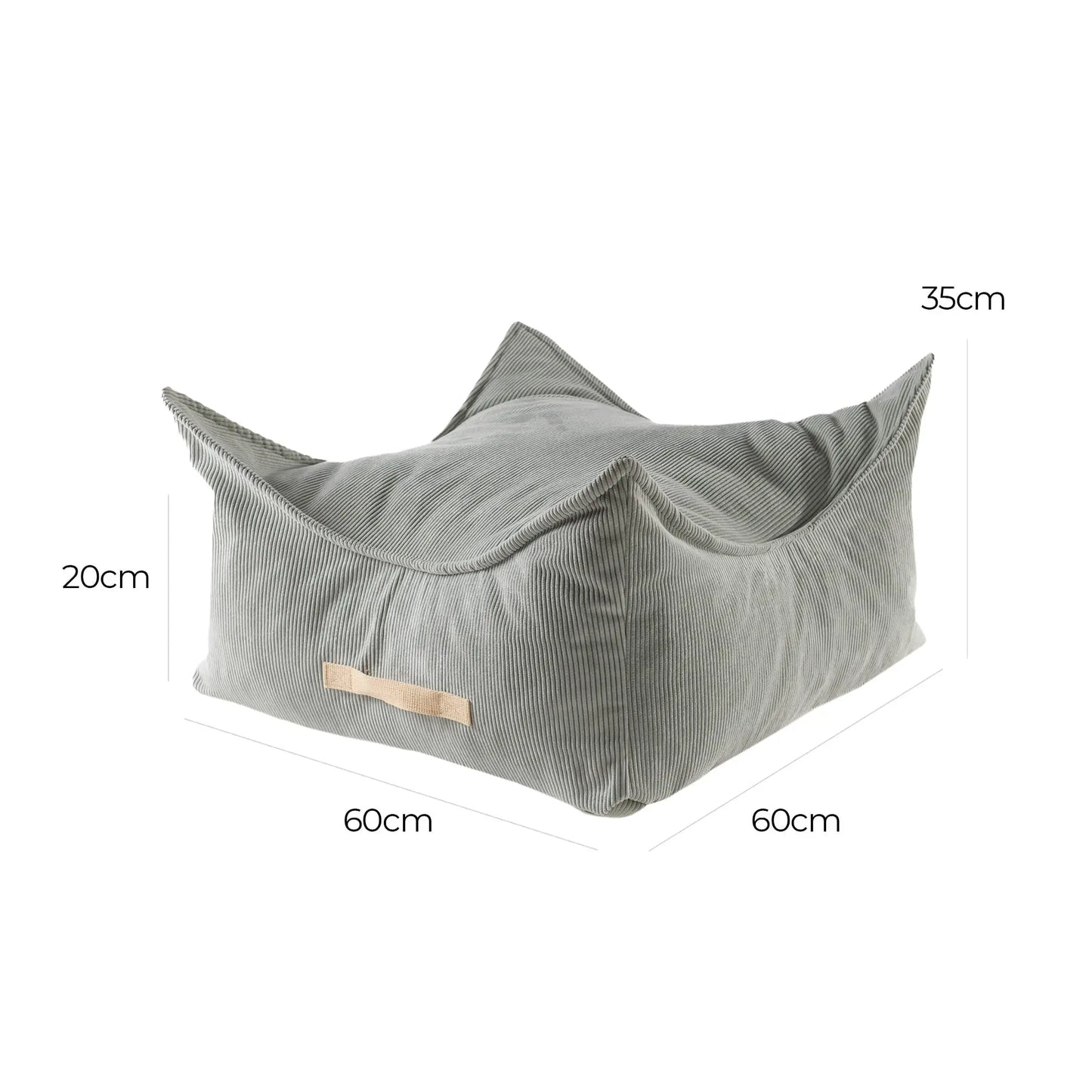 A grey corduroy square pouf for children, featuring a unique design with a lower center for play and learning. Washable cover and separate filling insert for easy maintenance. Dimensions: 60x60x35/20 cm.