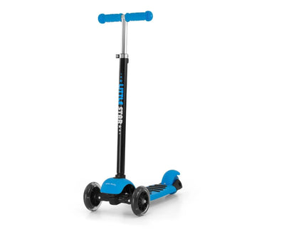 A blue 3-in-1 scooter for children, featuring a seat for up to 20 kg and a standing board for up to 50 kg. Front wheels light up, adjustable handlebar height.