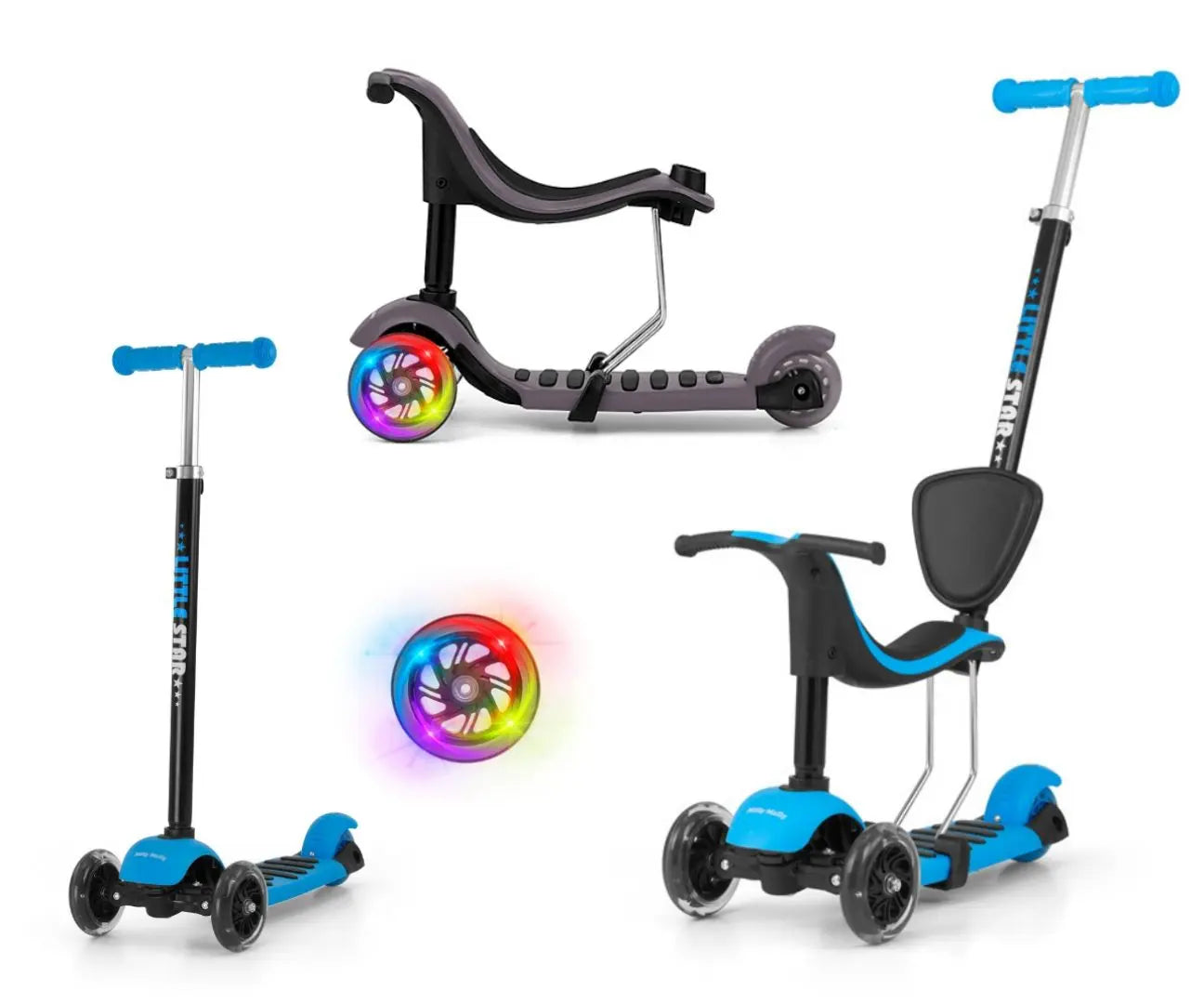 A group of innovative 3-in-1 Scooter LITTLE STAR - Blue for children, featuring a seat, front wheels that light up, and adjustable handlebar height. Supports up to 50 kg on the standing board.