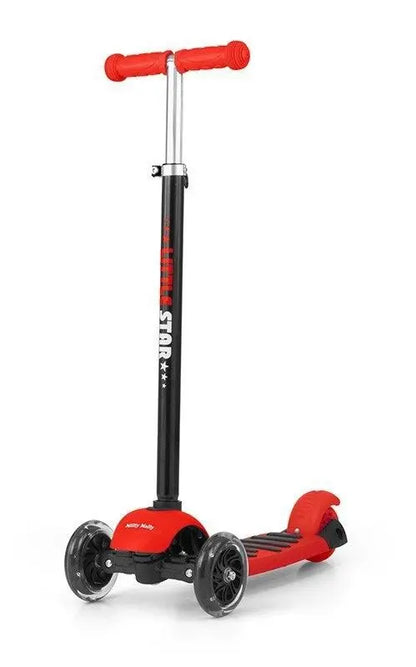 A 3-in-1 Scooter LITTLE STAR - Red for kids 18+ months. Features a seat for 20 kg, adjustable handlebar, and light-up front wheels. Safety gear recommended.