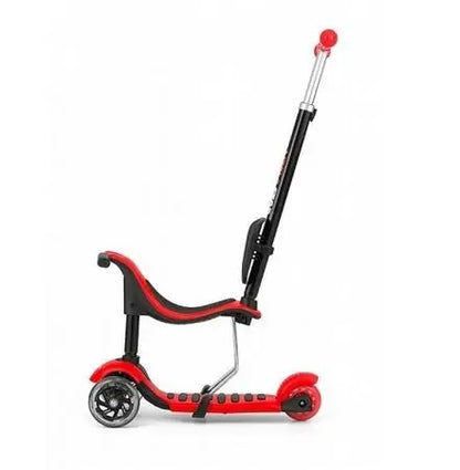 A 3-in-1 Scooter LITTLE STAR - Red with adjustable handlebar, front wheels that light up, and a sturdy seat for children. Supports up to 20 kg on the seat and 50 kg on the standing board.