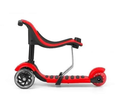 A 3-in-1 Scooter LITTLE STAR in red and black, featuring a sturdy seat and adjustable handlebar. Front wheels light up, suitable for kids 18+ months, up to 20 kg seat capacity.