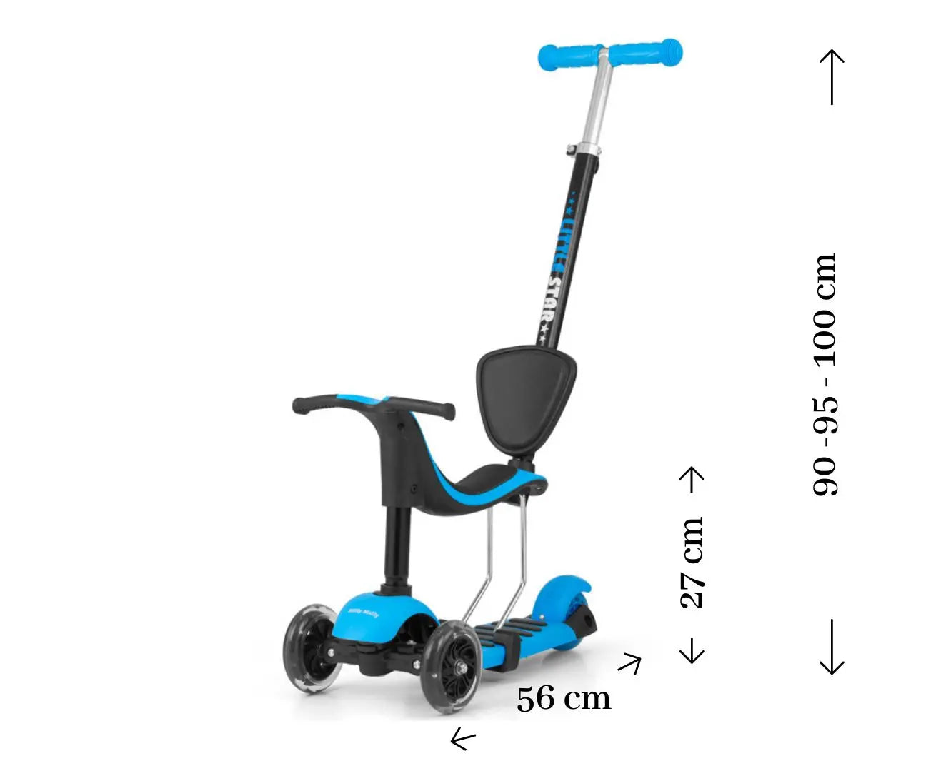 A 3-in-1 scooter for kids 18 months and up. Features a seat for 20 kg, standing board for 50 kg, 2 front wheels (12 cm), 1 rear wheel (10 cm), and adjustable handlebar.