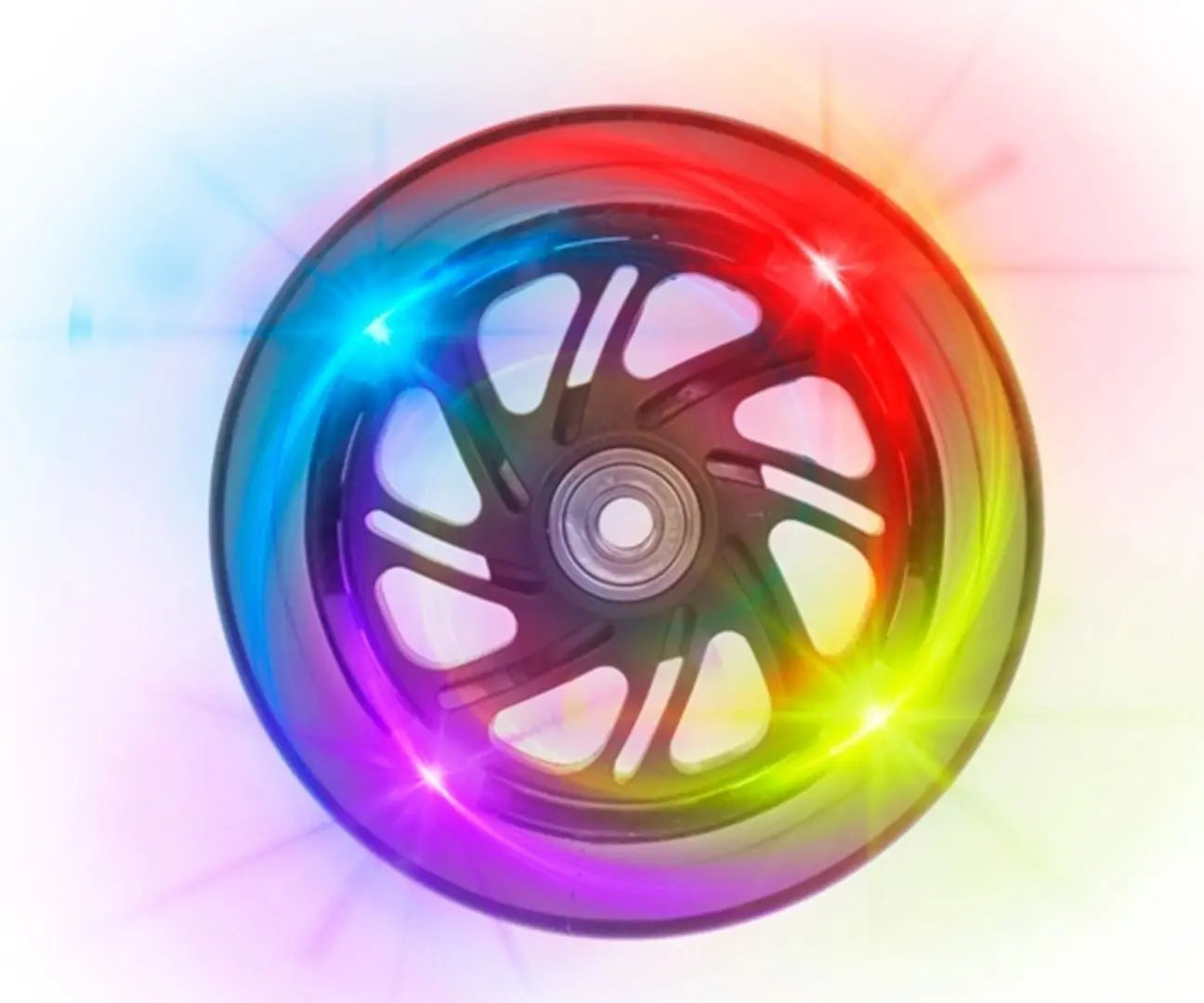 A rainbow-colored wheel with light spots, a close-up of a circular object, and a wheel. Scooter LITTLE STAR - Red: innovative 3-in-1 design for kids, adjustable handlebar, front wheels light up.