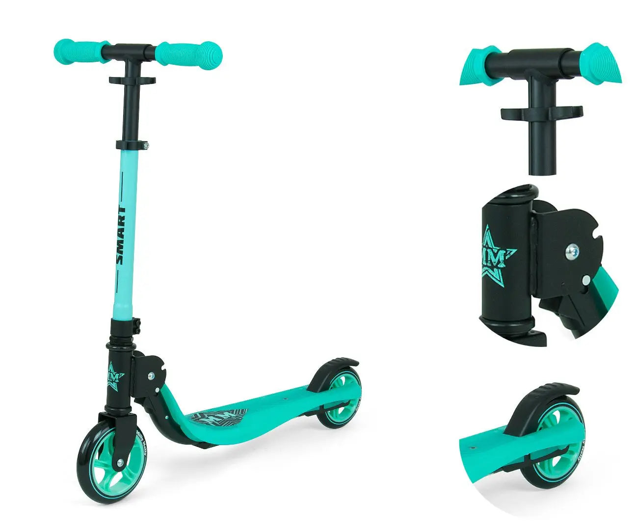 A blue scooter with black wheels, featuring an innovative quick-folding system, adjustable handlebar height, ABEC-5 bearings, PU wheels, and a maximum weight capacity of 50 kg. Aluminum handlebars and anti-slip standing board. Weighs 4.03 kg.