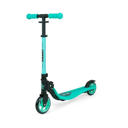 A lightweight and foldable Scooter SMART - Mint with adjustable handlebar height, ABEC-5 bearings, PU wheels, rear wheel brake, and anti-slip surface. Maximum weight capacity of 50 kg.