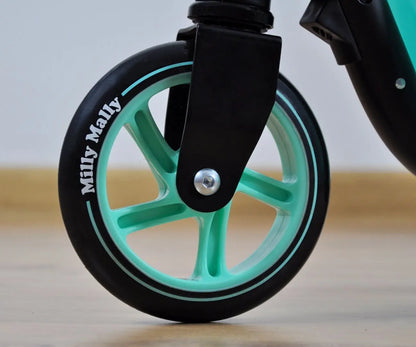 A close-up of a mint Scooter SMART wheel with adjustable handlebars, ABEC-5 bearings, rear wheel brake, and PU wheels. Lightweight and foldable for kids aged 4 and up.