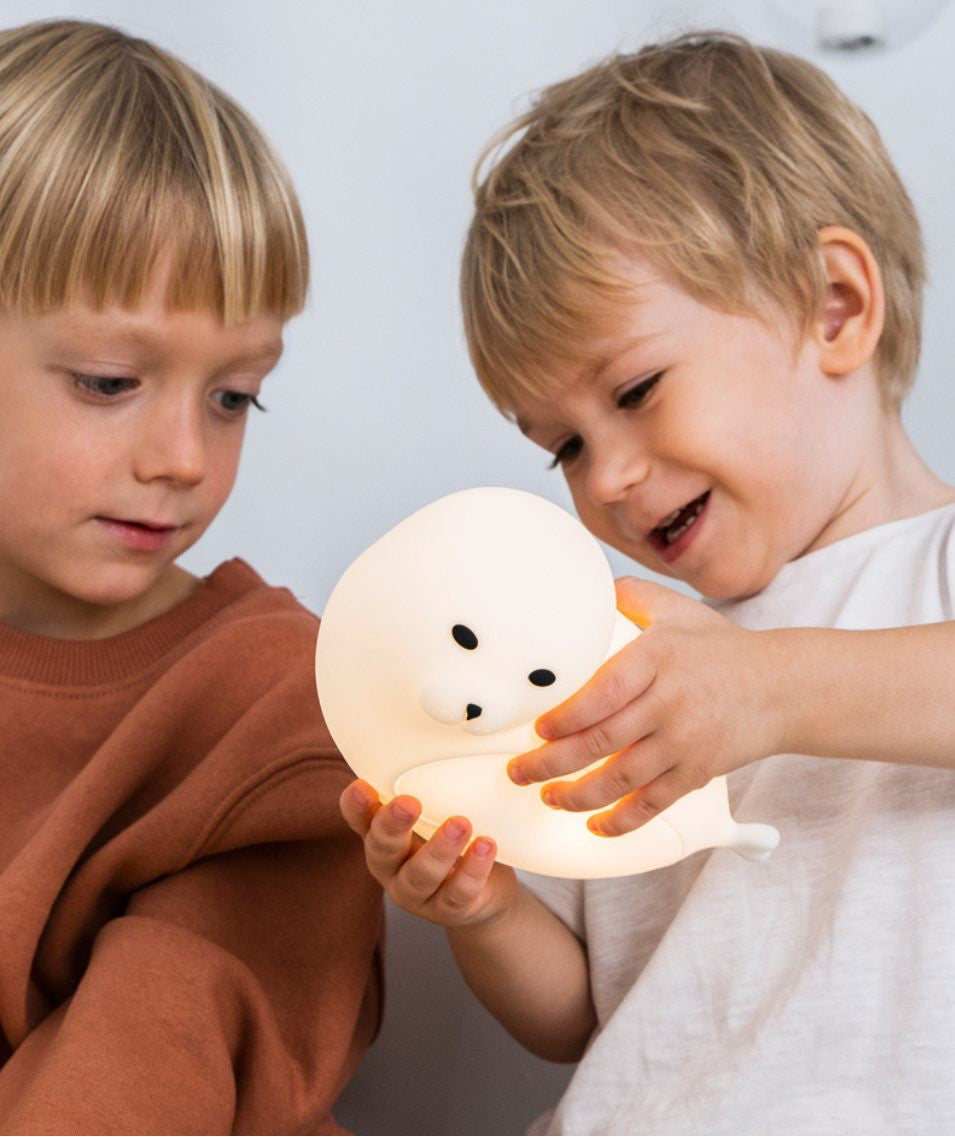 Two boys holding a Seal Silicone Lamp with remote control, featuring a playful seal design. Soft, touchable, multi-colored light, safe for children. Dimensions: 11.2 x 17.7 x 8.9 cm.