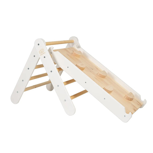 Montessori-inspired Slide-Climbing Wall 2in1 Set with wooden ladder and climbing wall. Ideal for indoor and outdoor play, promoting motor skills and confidence in children over 3. Dimensions: 59.8 x 61 cm.