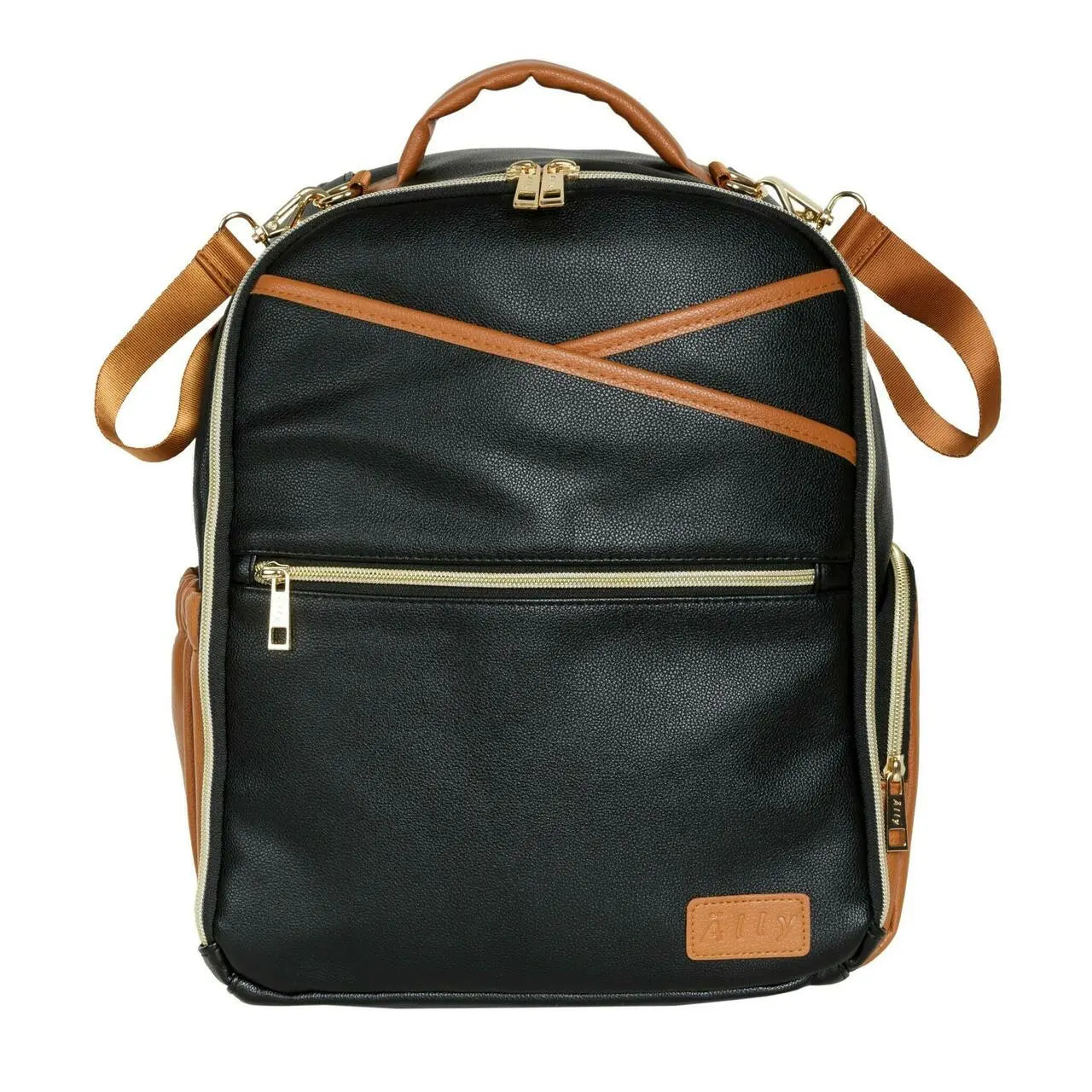 A black and brown Small Diaper Backpack by Ally Scandic, featuring a leather tag, gold zippers, and adjustable shoulder straps for stylish, organized parenting on the go.