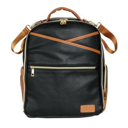 A compact Black Coffee Diaper Backpack by Ally Scandic, designed for style and functionality. Features include multiple pockets, stroller straps, and durable vegan leather, ideal for on-the-go parents.