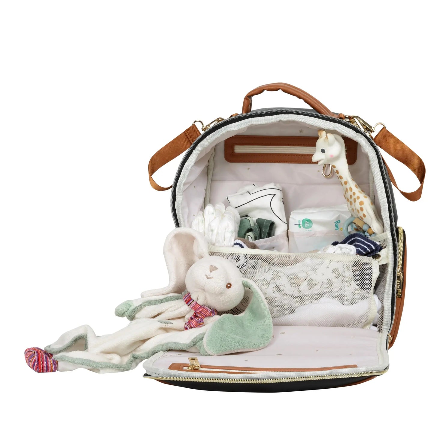 A black coffee diaper bag with toys, clothes, and a giraffe toy in a purse. Features multiple pockets, laptop pocket, stroller straps, and thermal-lined compartments for convenience on the go.