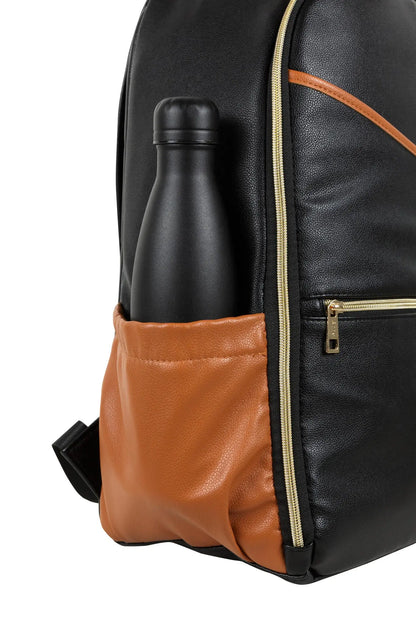A black coffee diaper backpack with thoughtful organization, sturdy design, and vegan leather. Lightweight, airline-friendly, and packed with pockets for easy access on the go.