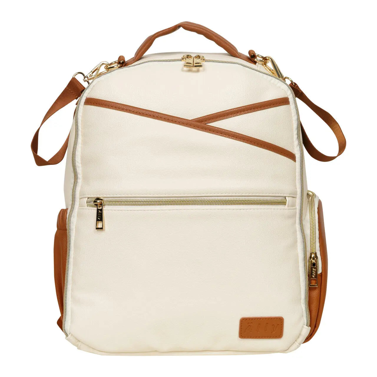 A stylish Small Diaper Backpack in Cappuccino, designed for on-the-go parents. Features include multiple pockets, adjustable straps, and quality vegan leather with YKK zippers.