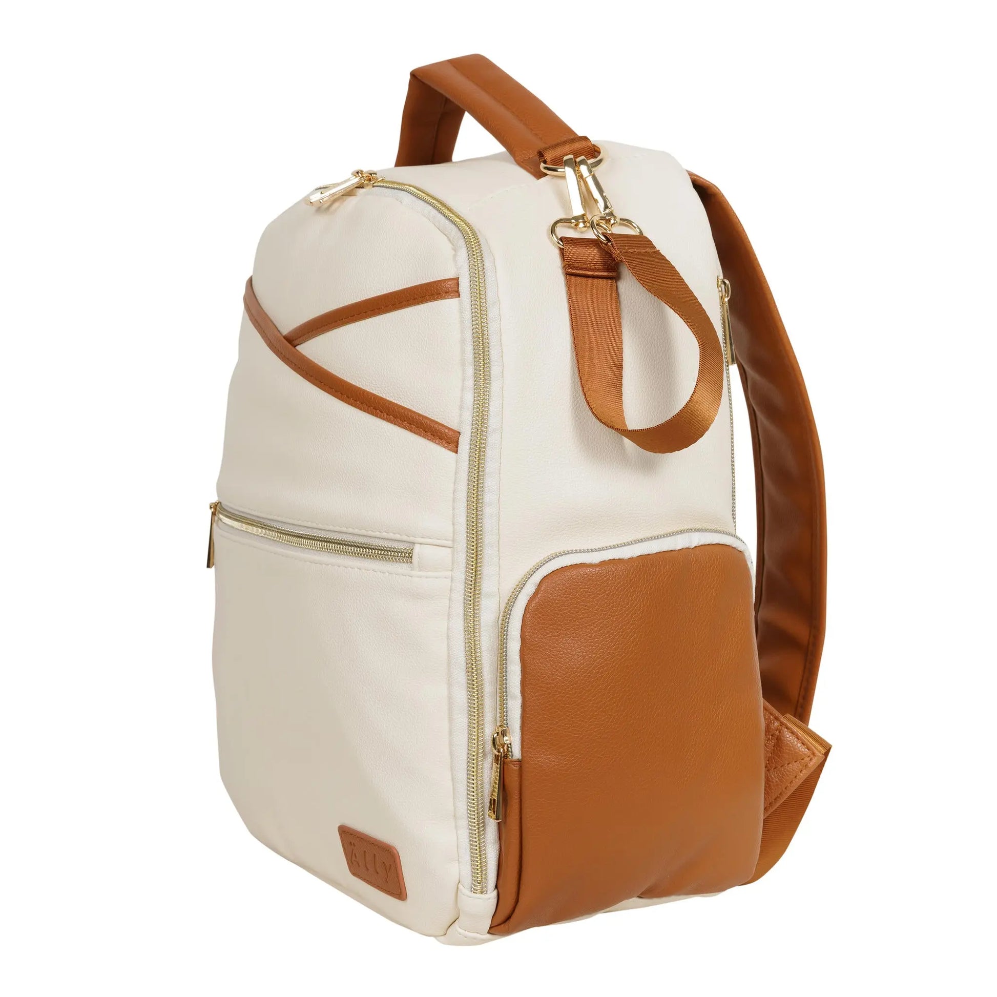 A small diaper backpack in cappuccino color, featuring a brown leather label, adjustable straps, multiple pockets, and thermal lining for beverages. Designed for style, organization, and comfort on the go.