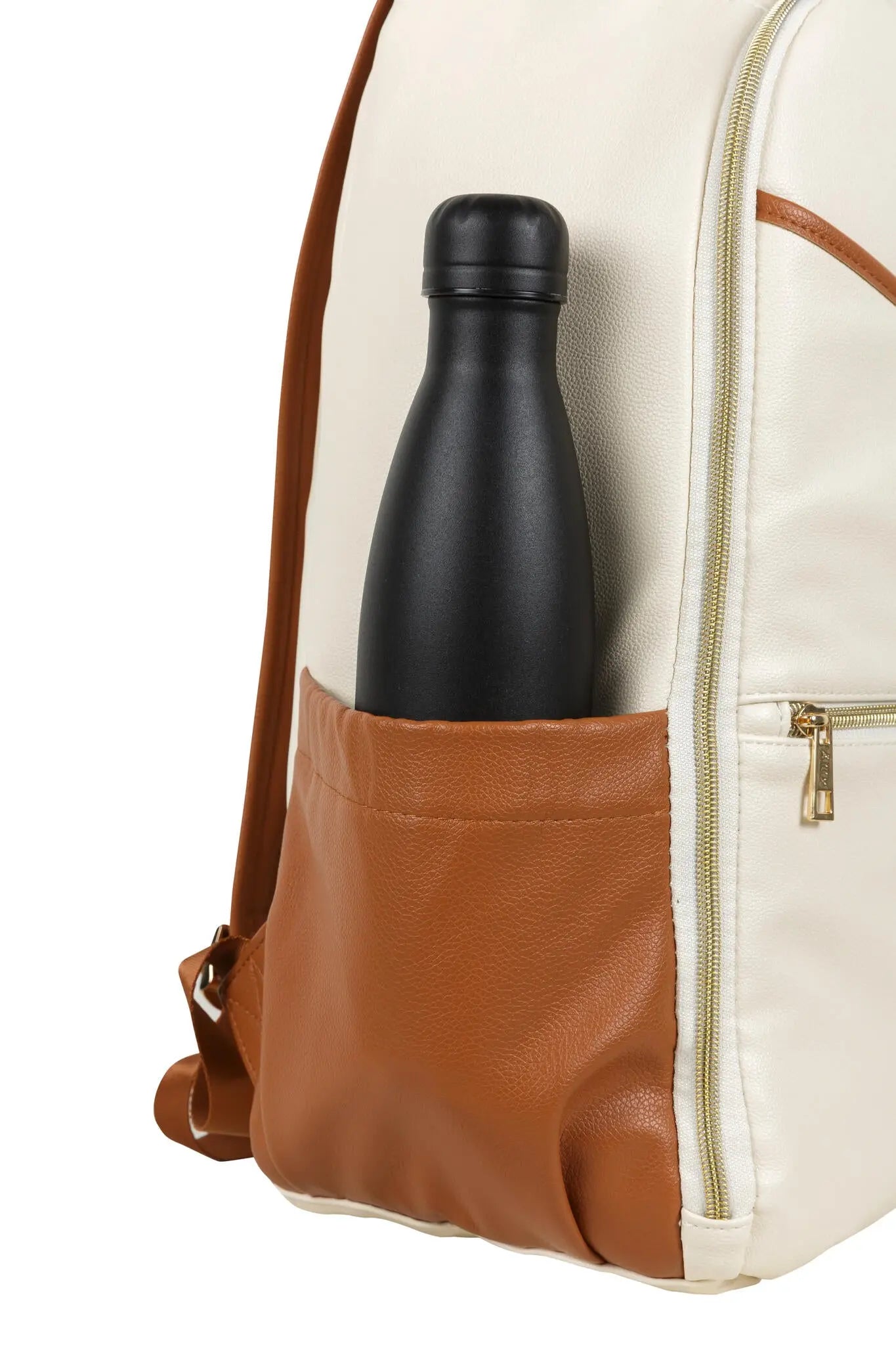 A close-up of a cappuccino Small Diaper Backpack in a backpack pocket, showcasing YKK zippers, multiple pockets, and stroller straps for hands-free convenience.